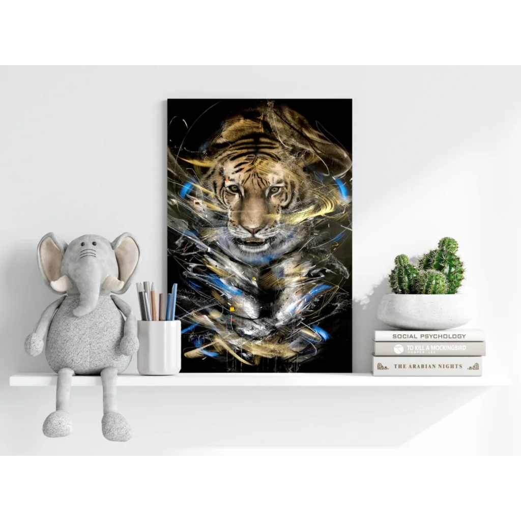 Striking tiger with abstract swirls on insigne aluminum print