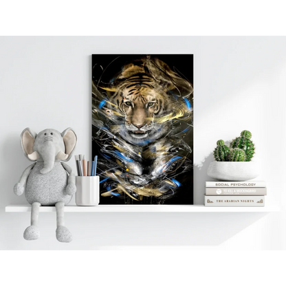 Striking tiger with abstract swirls on insigne aluminum print