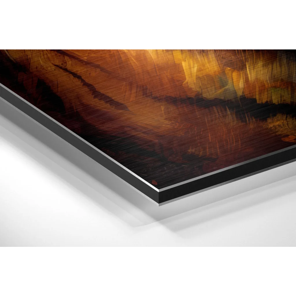 Glass Wall Art Stunning brushed aluminium dibond wall art with warm amber and deep brown abstract brushstrokes in sleek black frame