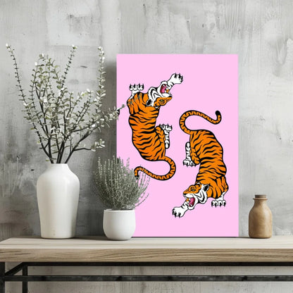 Dual Tigers Pink Canvas Insigne Aluminum Prints | Glass Wall Art Print | vintageantiquesgifts.com