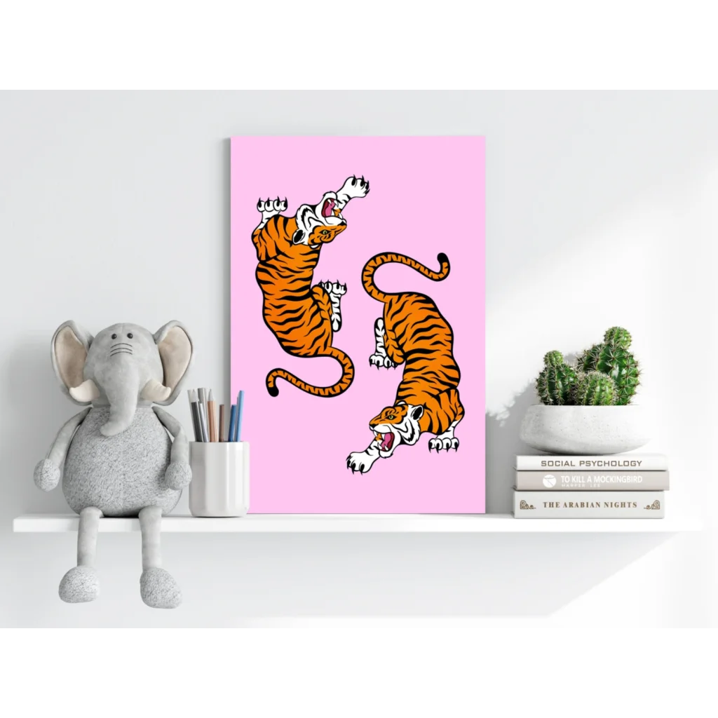 Pink dual tigers on insigne aluminum prints