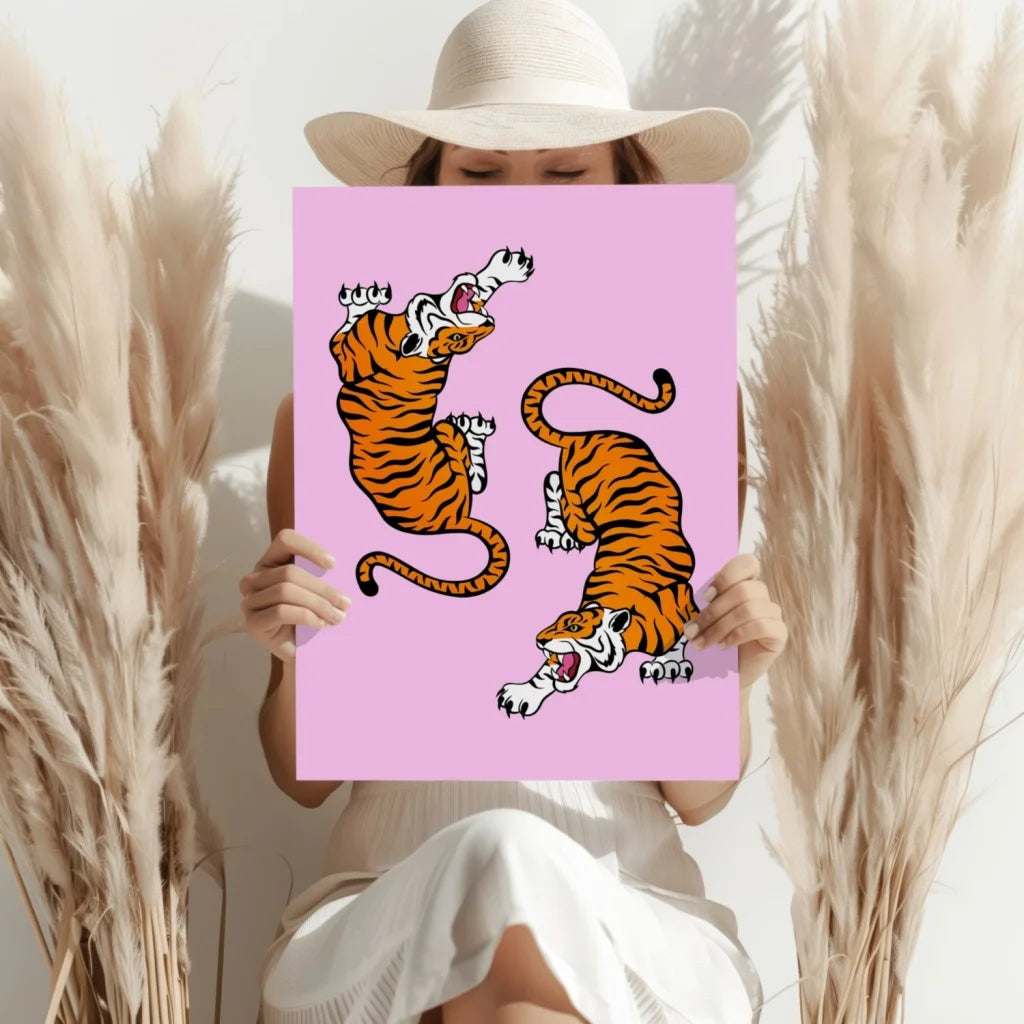 Dual Tigers Pink Canvas Insigne Aluminum Prints | Contemporary Home Wall Art | vintageantiquesgifts.com