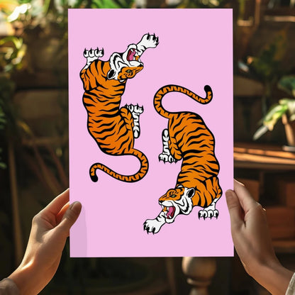 Pink dual tigers roaring on insigne aluminum print