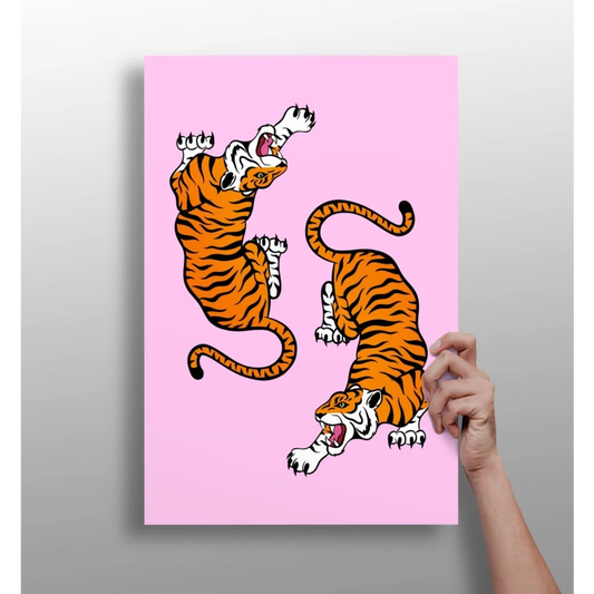 Vibrant pink Dual Tigers Insigne Aluminum Prints with stylized orange tigers