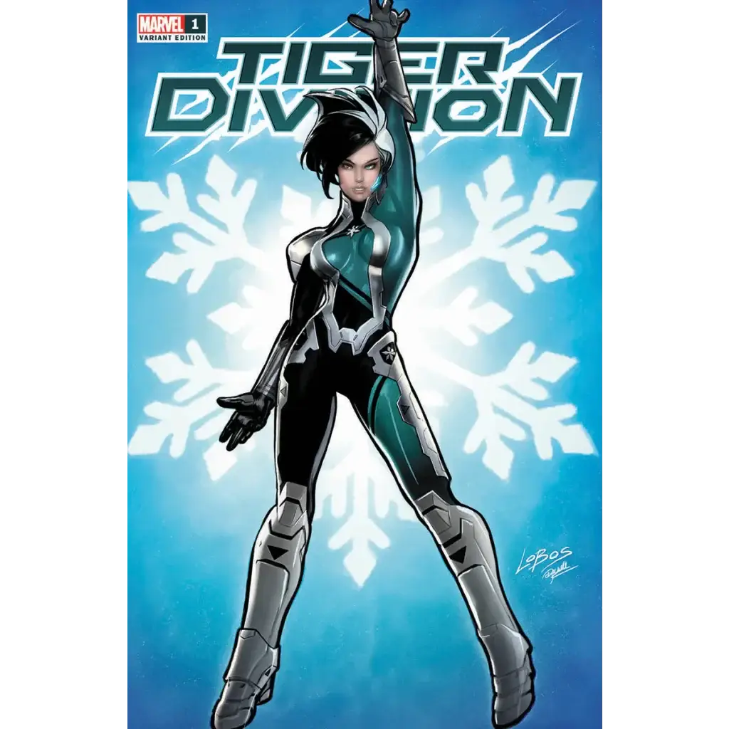 Female Tiger Division superhero in sleek teal suit, exclusive variant comic book cover