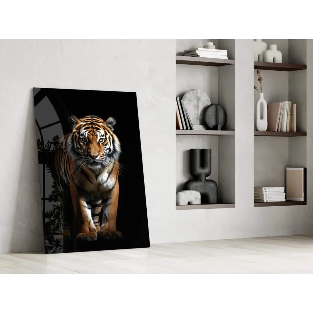 Fierce tiger glass wall art with bold orange stripes on black background