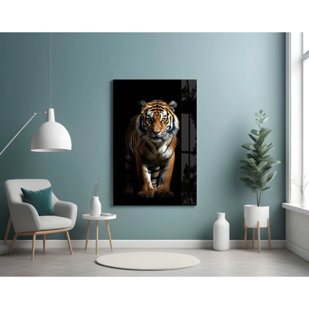 Fierce Tiger Glass Wall Art Canvas Print With Bold Orange Stripes | Contemporary Home Wall Art | vintageantiquesgifts.com
