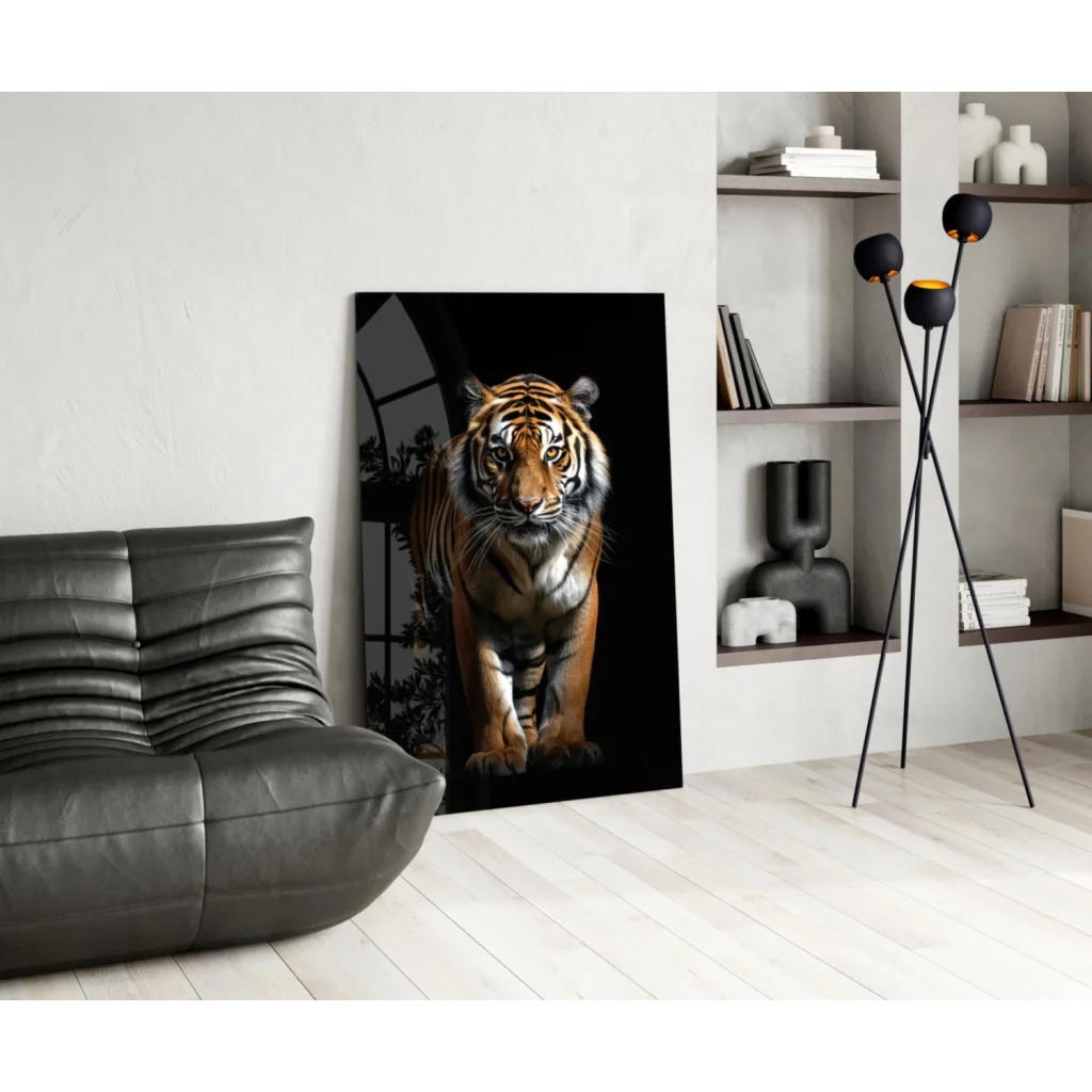 Fierce tiger glass wall art canvas print with bold orange stripes