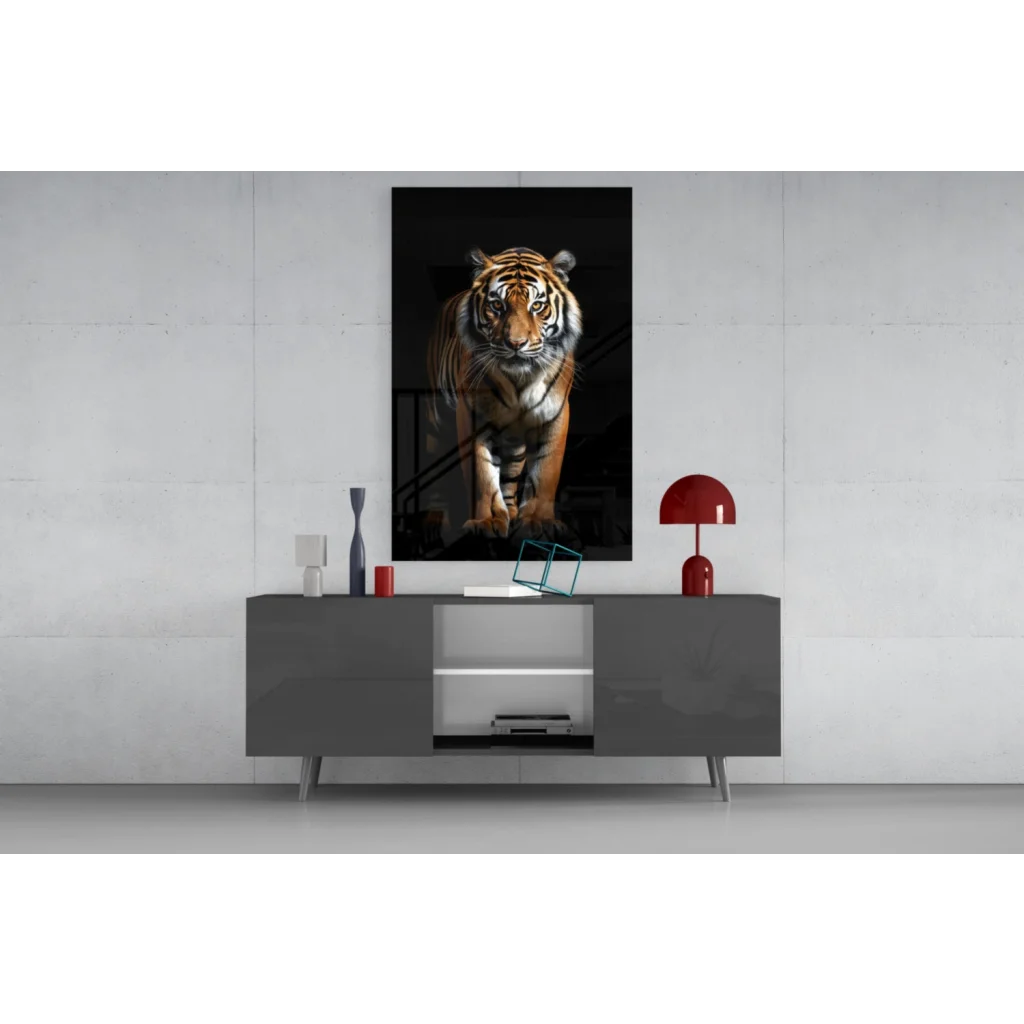 Fierce tiger glass wall art canvas with bold orange stripes on minimalist wall
