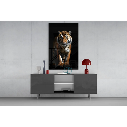 Fierce tiger glass wall art canvas with bold orange stripes on minimalist wall