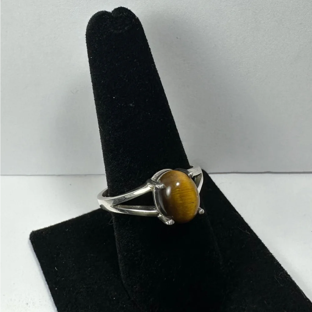 Silver tiger eye ring with oval stone in modern open band
