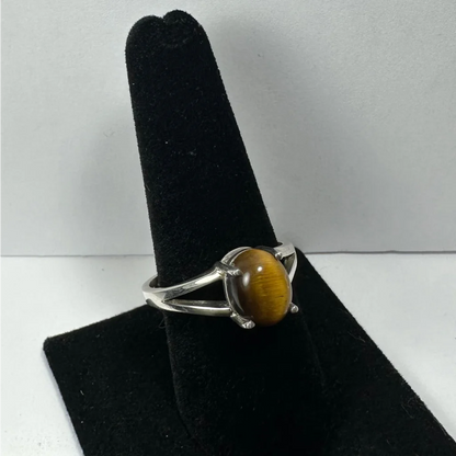 Silver tiger eye ring with oval stone in modern open band