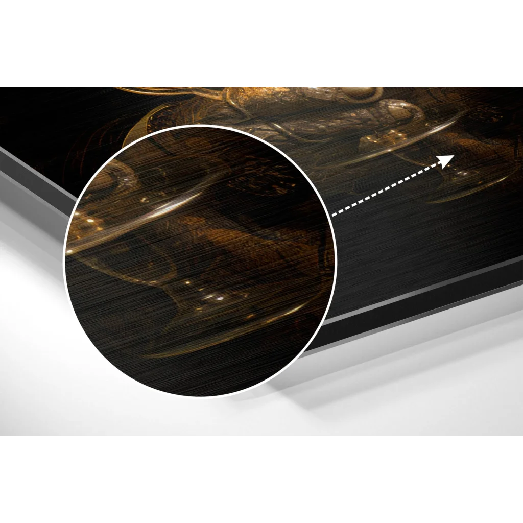 Sleek dark-framed brushed aluminium dibond print of gold black fantasy creature