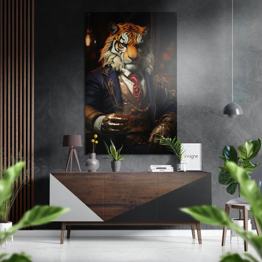 Dapper tiger in navy suit on brushed aluminium dibond wall art