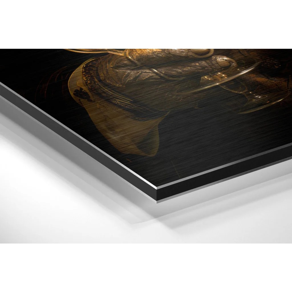 Golden samurai helmet on brushed aluminium dibond print