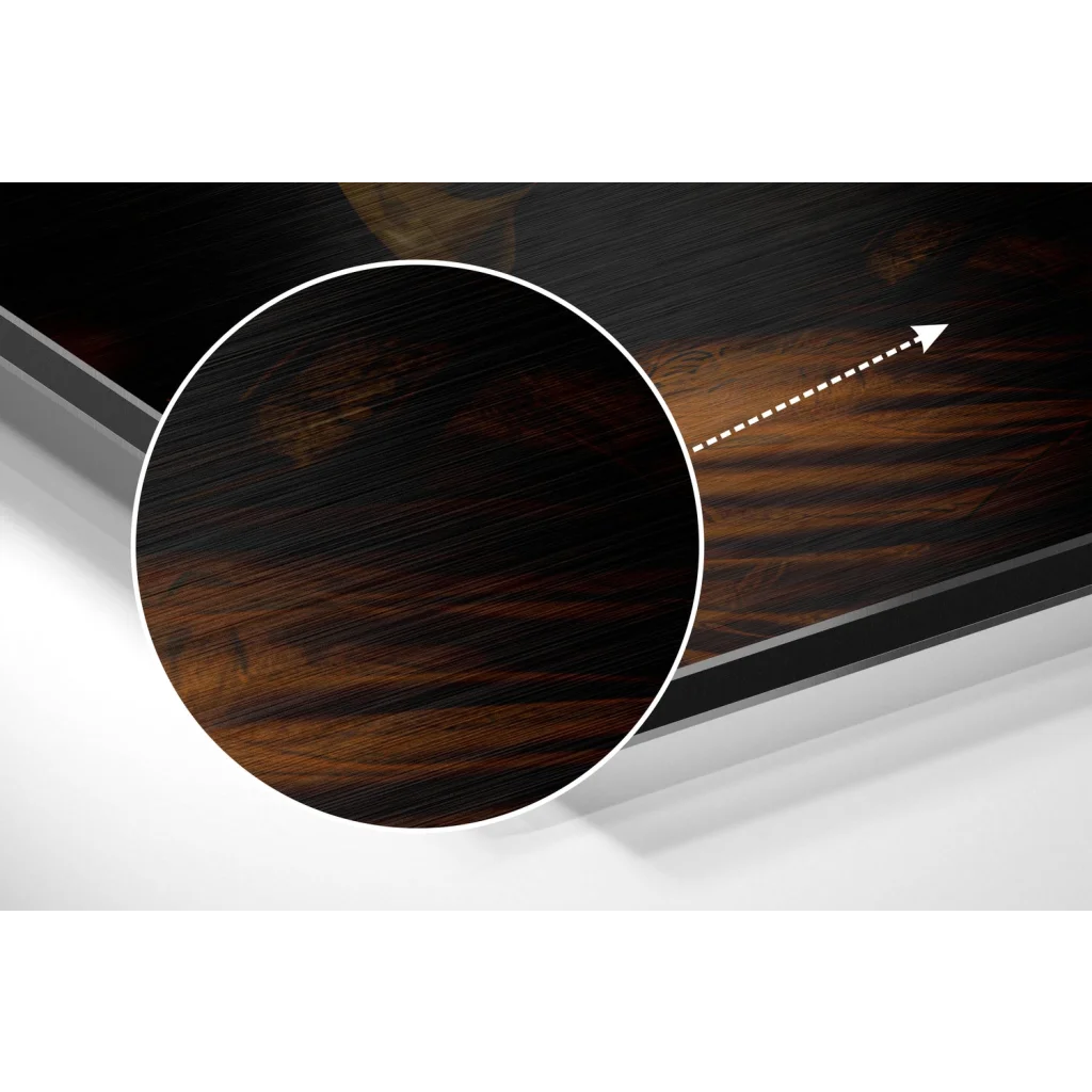 glass wall art Stunning tiger art print on brushed aluminium dibond with dark wood-grain