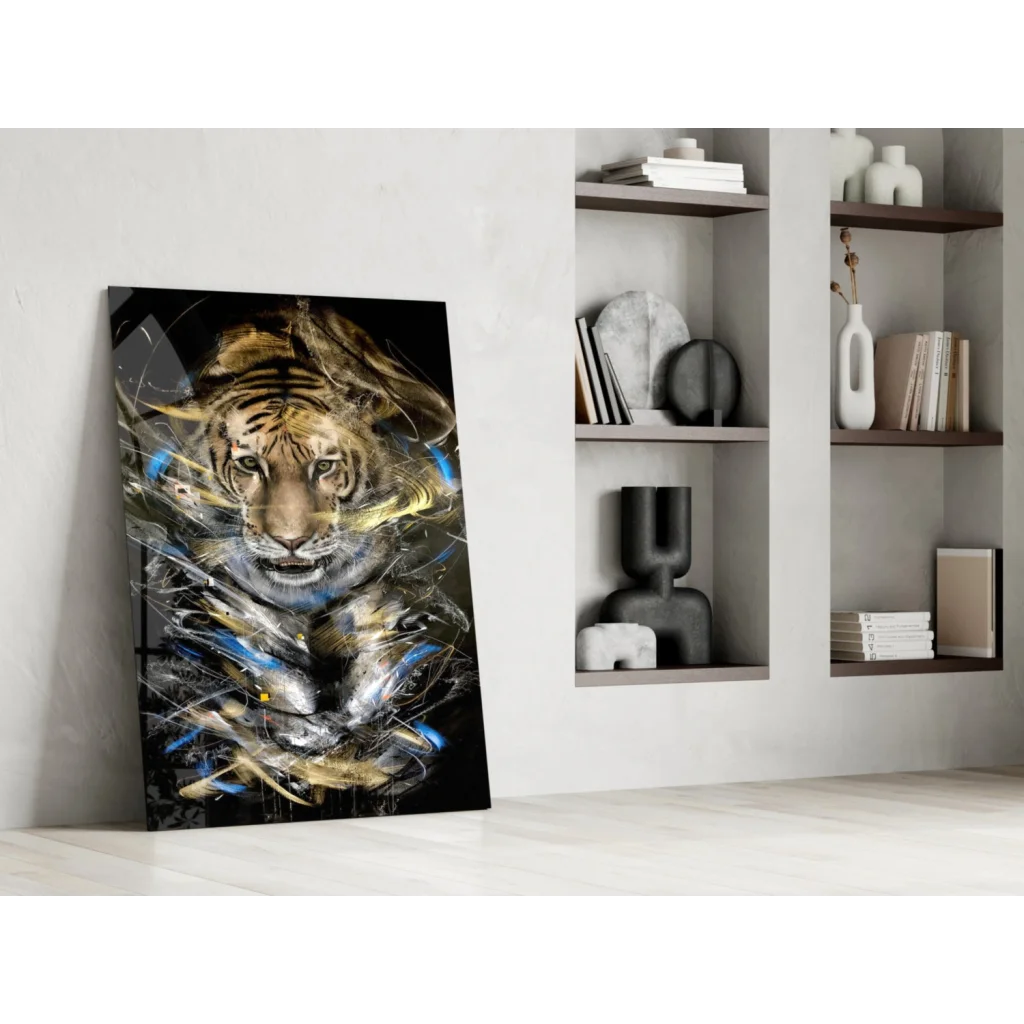 Fierce abstract tiger canvas wall art in gold and blue