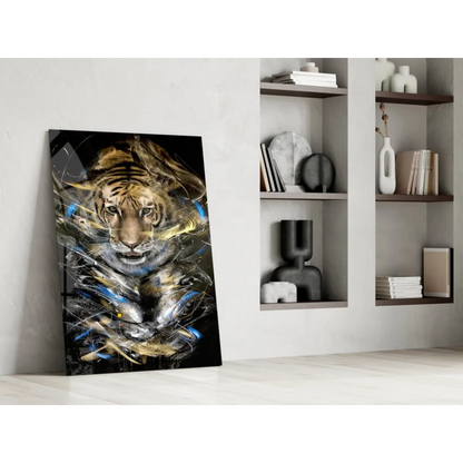 Fierce abstract tiger canvas wall art in gold and blue