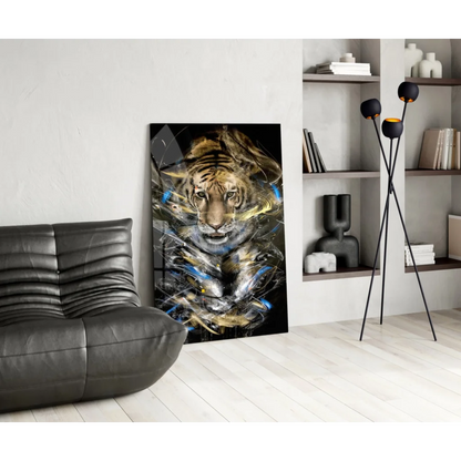 Fierce abstract tiger wall art canvas print in black, gold, blue