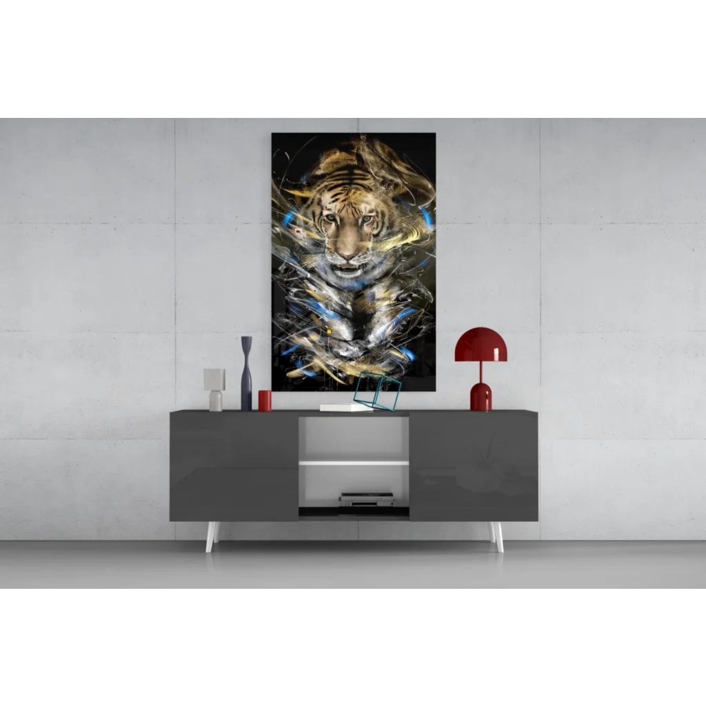 Fierce abstract tiger wall art canvas in gold and blue