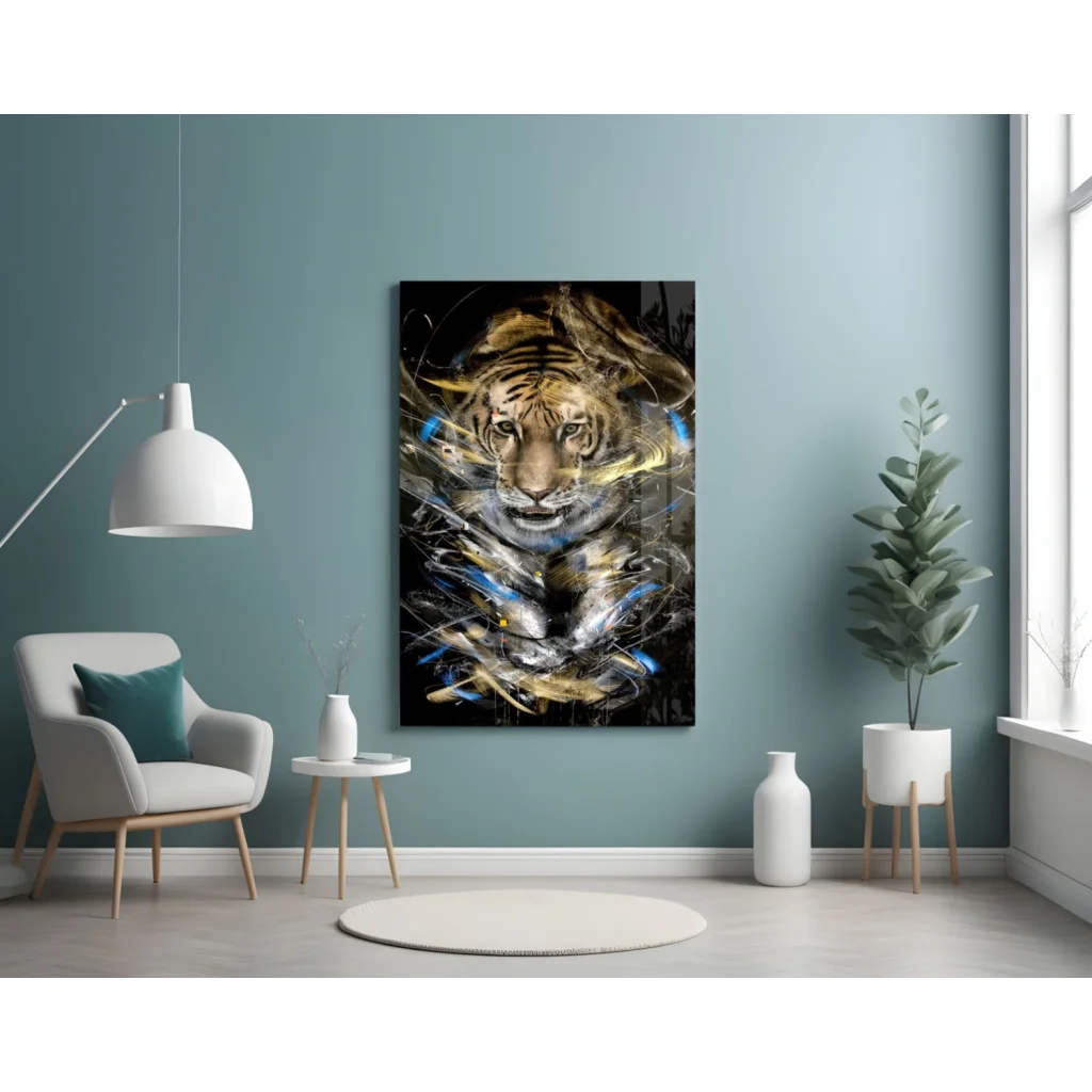 Fierce Abstract Tiger Canvas Wall Art in Gold and Blue | Contemporary Home Wall Art | vintageantiquesgifts.com