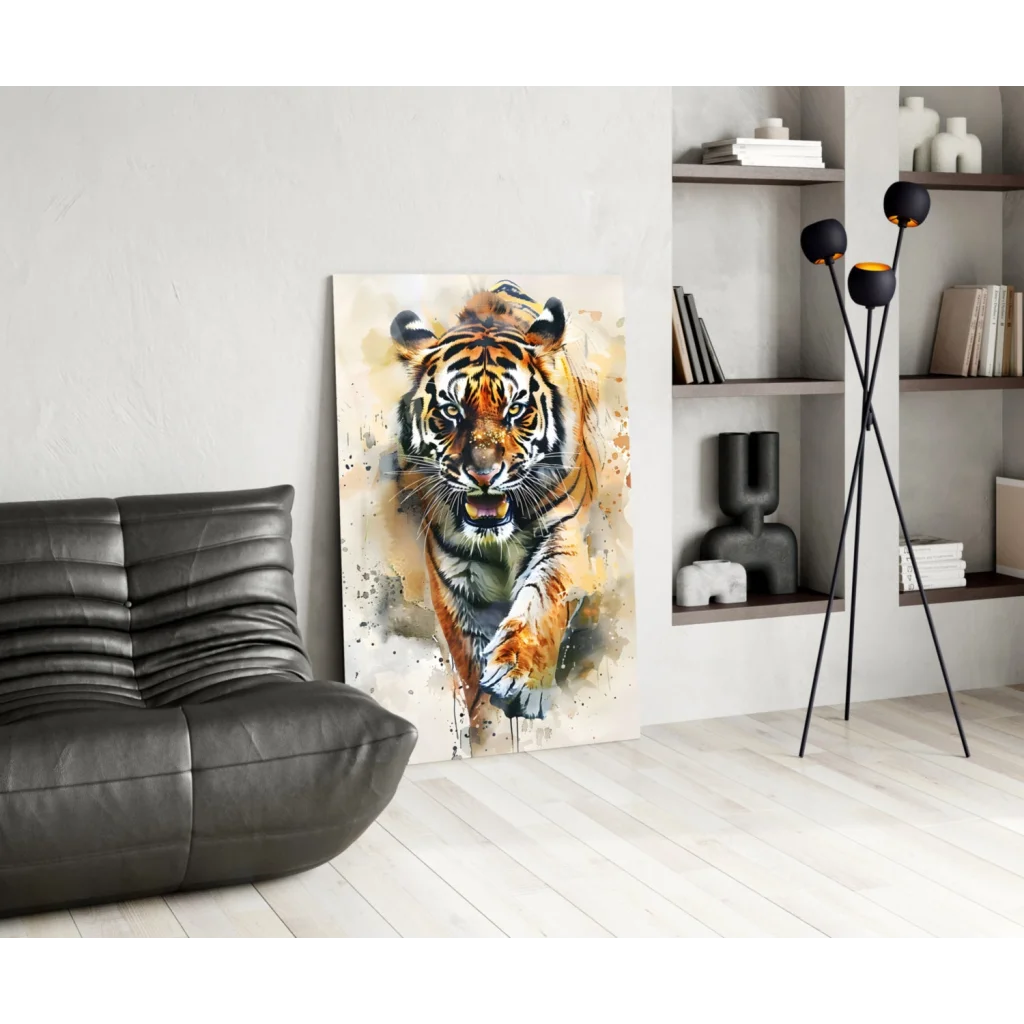 Vibrant watercolor tiger glass wall art panel in modern living room