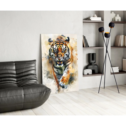Vibrant watercolor tiger glass wall art panel in modern living room