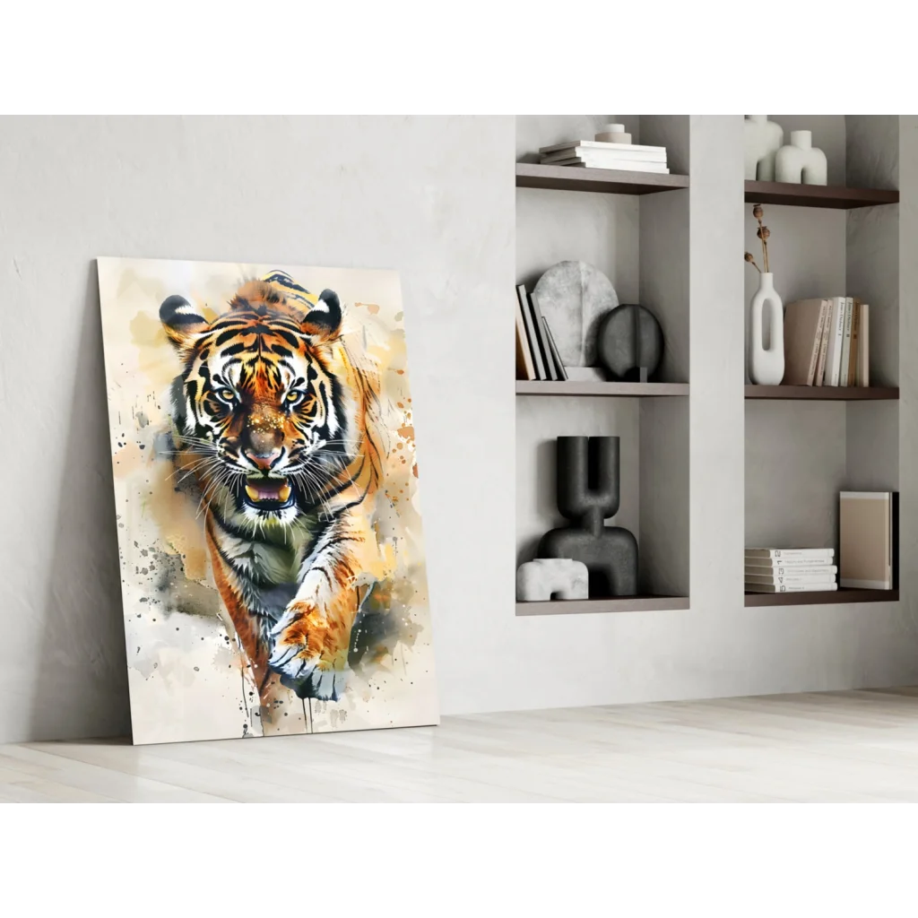 Vibrant watercolor tiger glass wall art panel with bold orange stripes