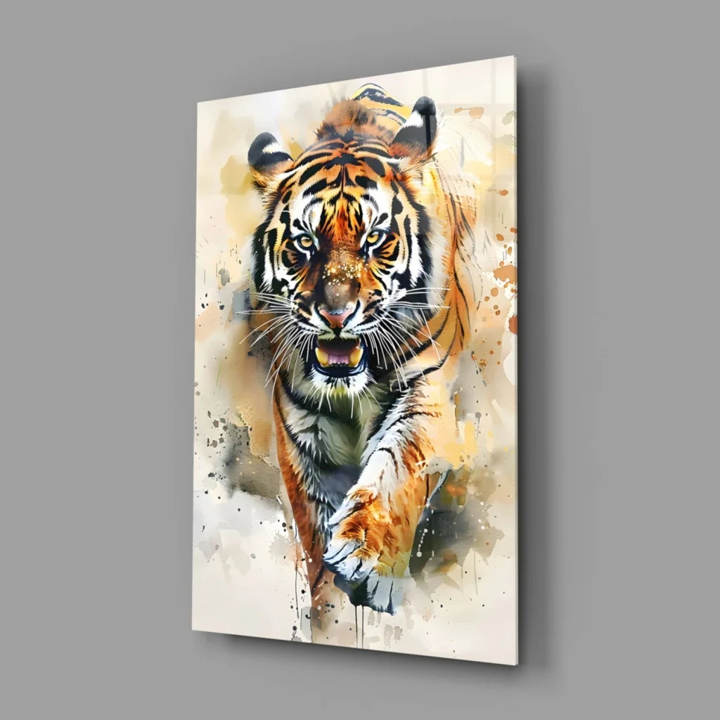 Vibrant watercolor tiger on sleek glass wall art panel