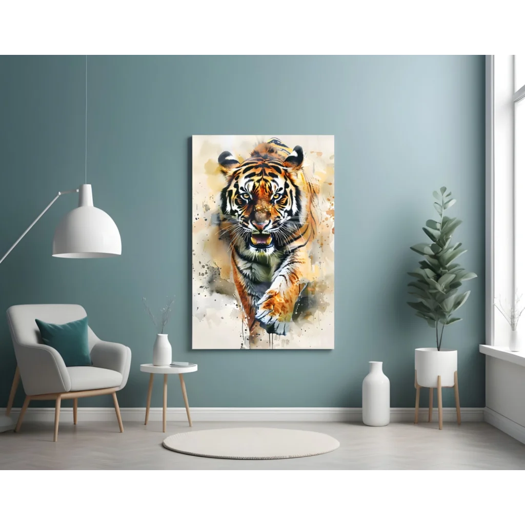 Vibrant watercolor tiger glass wall art panel with bold stripes on blue wall
