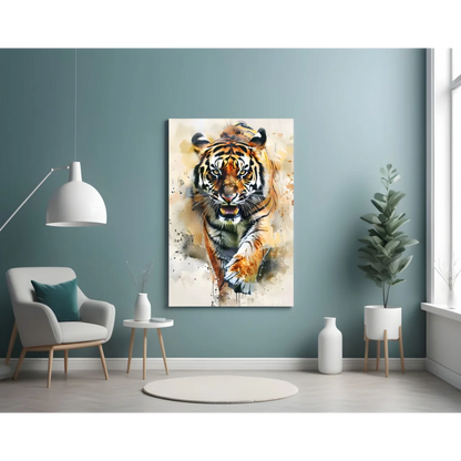 Vibrant watercolor tiger glass wall art panel with bold stripes on blue wall