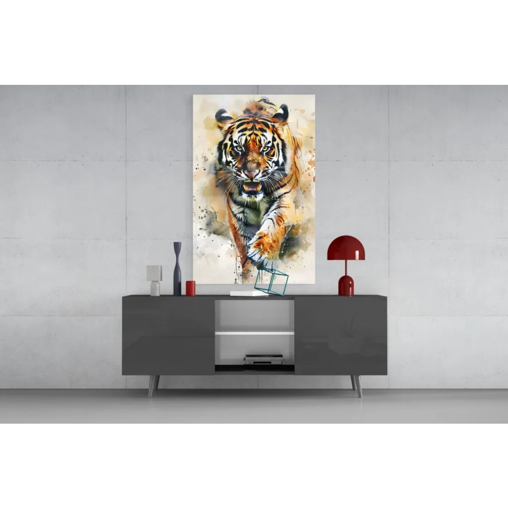 Vibrant watercolor tiger glass wall art panel on gray console