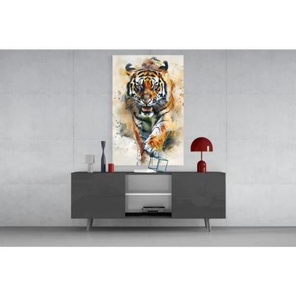 Vibrant watercolor tiger glass wall art panel on gray console
