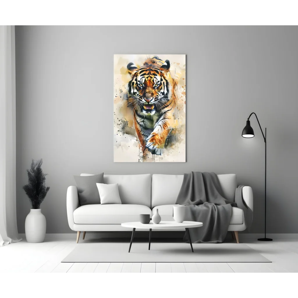 Stunning watercolor tiger glass wall art on rectangular canvas