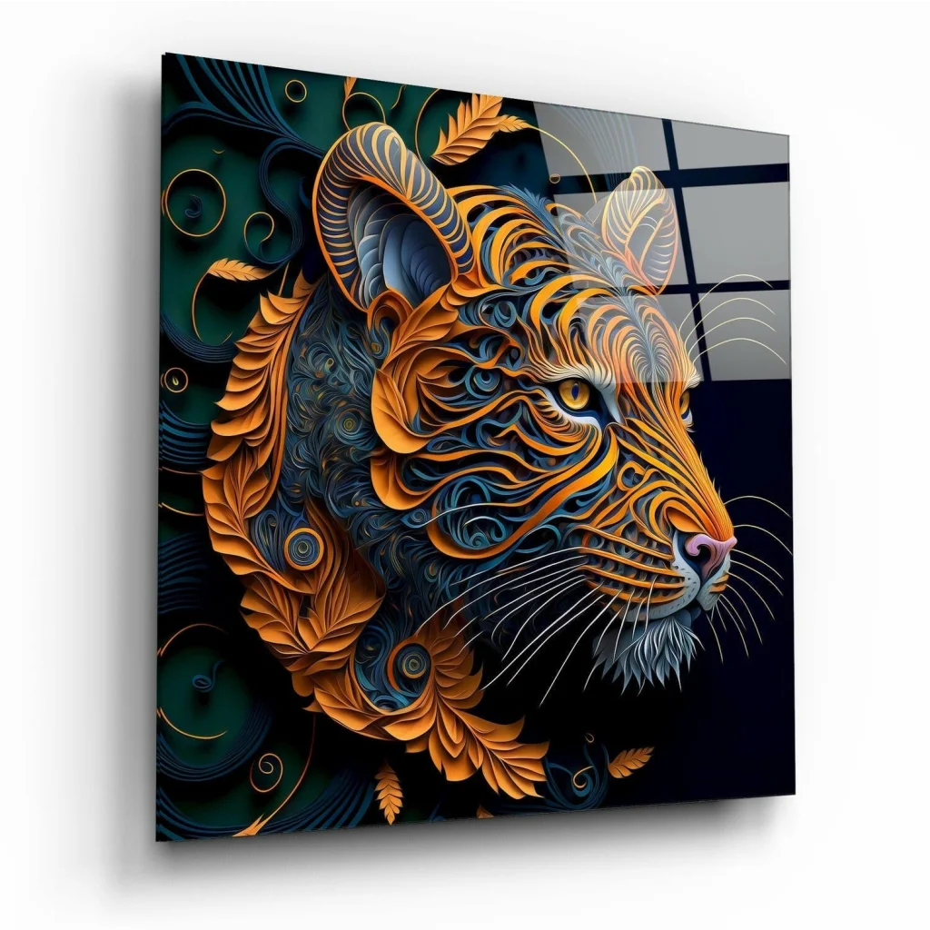 Vibrant orange and blue fierce tiger glass wall art panel