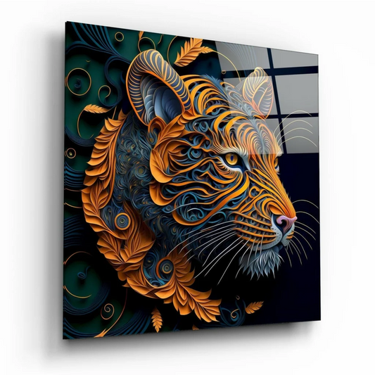 Vibrant orange and blue fierce tiger glass wall art panel