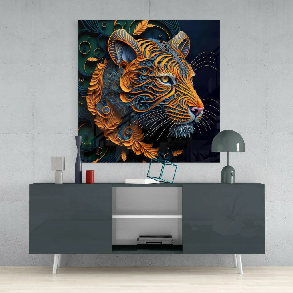 Vibrant orange and blue fierce tiger glass wall art with feather patterns