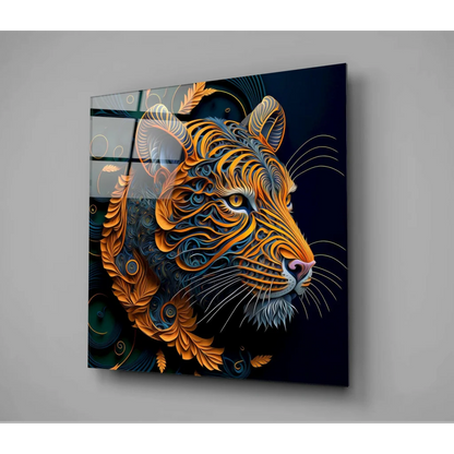 Vibrant orange and blue tiger head on glossy black glass wall art