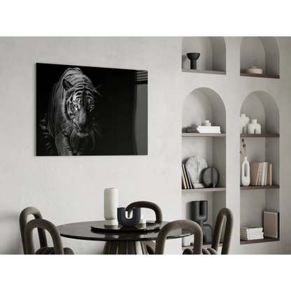 Black and white tiger canvas wall art mounted on wall