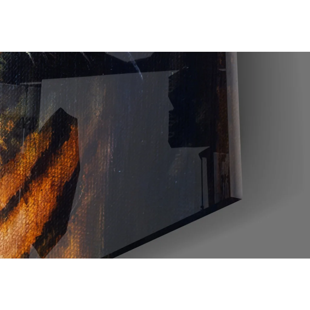 Abstract fierce tiger glass wall art with bold orange black brushstrokes