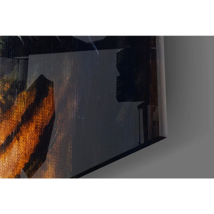 Abstract fierce tiger glass wall art with bold orange black brushstrokes