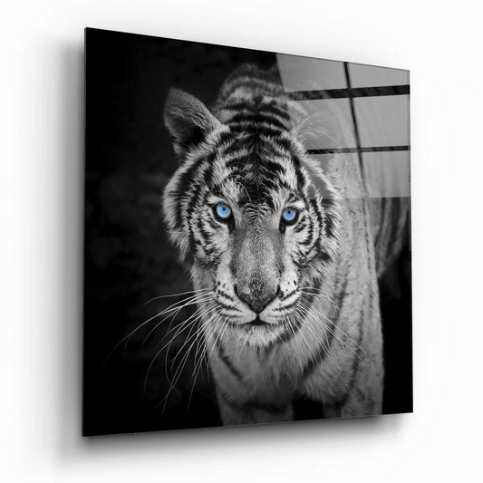Striking white tiger glass wall art with piercing blue eyes