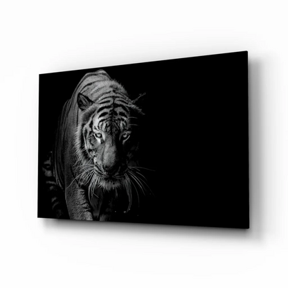 Bold black-and-white tiger wall art canvas print with piercing eyes
