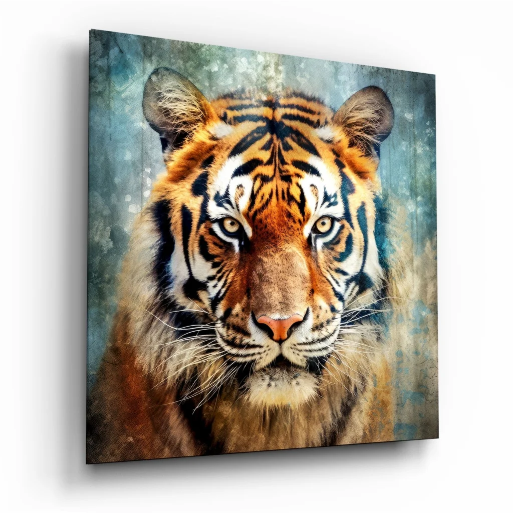Vibrant tiger portrait in tempered glass art on blue-gray canvas