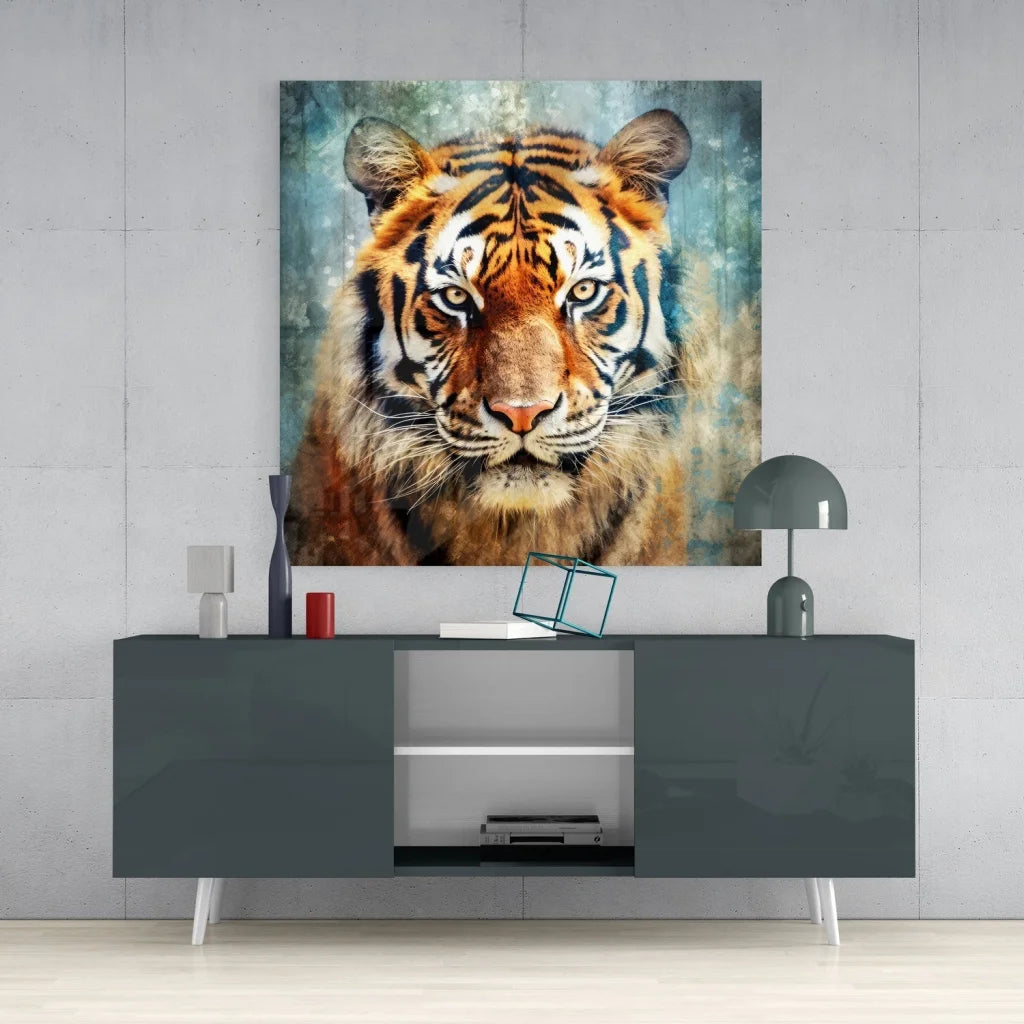 Vibrant orange tiger glass art on tempered glass with detailed fur