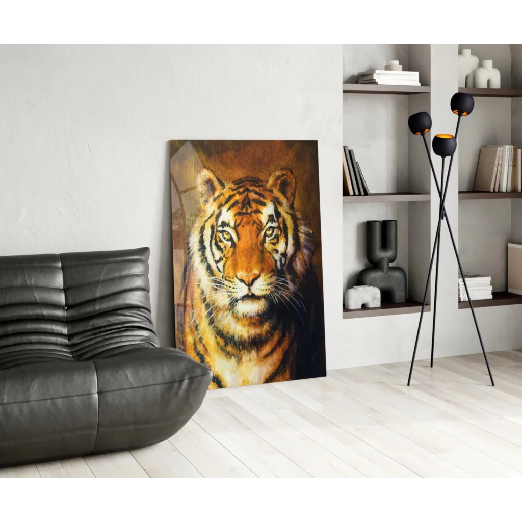 Vibrant orange black tiger portrait glass wall art on white wall