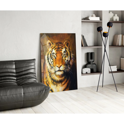 Vibrant orange black tiger portrait glass wall art on white wall