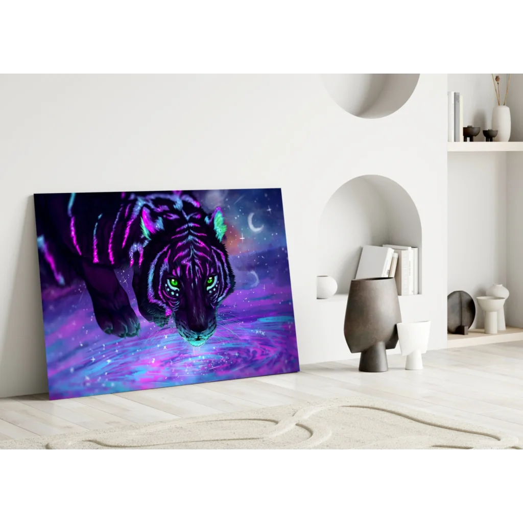 Vibrant neon tiger glass wall art with cosmic starry glow