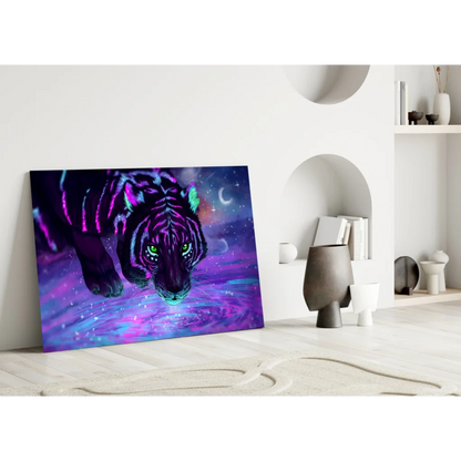 Vibrant neon tiger glass wall art with cosmic starry glow