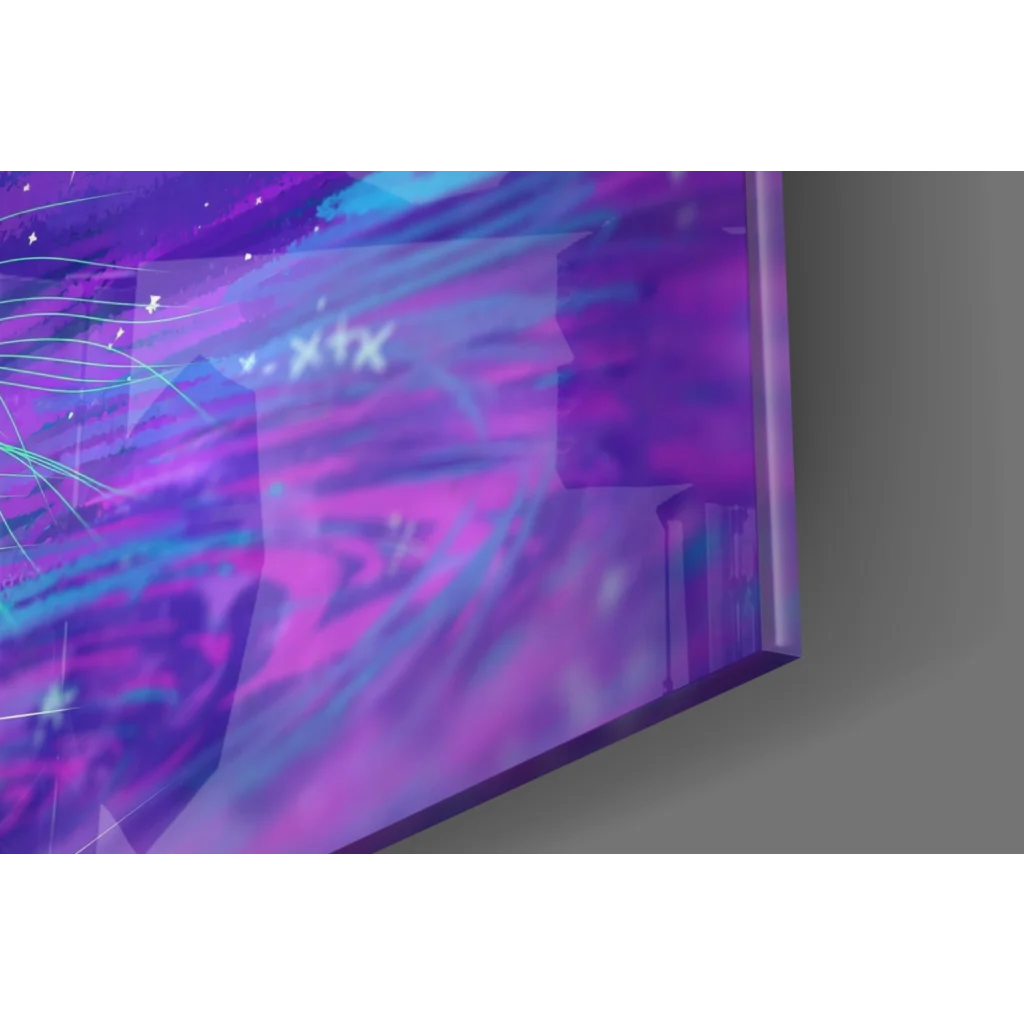 Vibrant purple blue Neon Tiger glass wall art with glowing neon lines